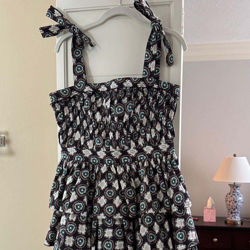 Hunter Bell Black and Cream Patterned Mini Dress with Turquoise circles